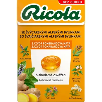 Čokoláda Ricola bylinné bonbóny bez cukru Zázvor-Pomeranč 40g cena za kartonové balení (Kartonové balení : 20 ks)