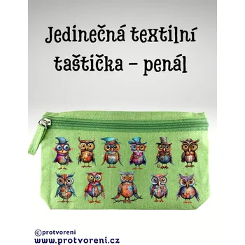 Penál Taštička/penál s potiskem, SOVY, 21x12cm, 1 kus Vyberte si barvu ZDE:: zelená