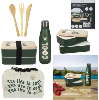 Úložný box Dvoupodlažní zelený lunchbox Intesi s dřevěným víkem a lahví do práce nebo školy