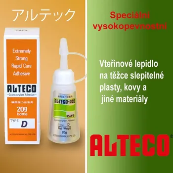 Průmyslové lepidlo Vteřinové lepidlo ALTECO na těžce slepitelné plasty, kovy a jiné materiály. Balení 20 g.