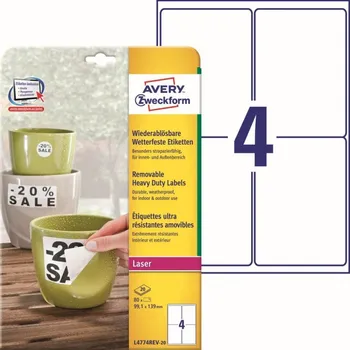 Kancelář Odolné snímatelné etikety 99,1 x 139 mm, 20 listů A4 L4774REV-20