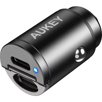 AUKEY mini hliníková autonabíječka 2× USB‑C s Power Delivery a Quick Charge 3.0, 30 W, PPS