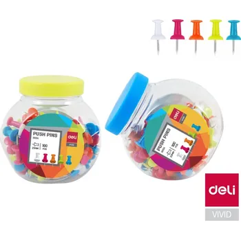 Připínáčky Deli barevné, dóza 100ks E0054