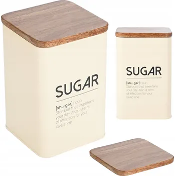 Dóza na potraviny Kovová dóza na cukr s dřevěným víkem a nápisem, béžová