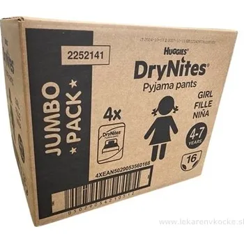 Plenkové kalhoty Kimberly-Clark HUGGIES DryNites M pro dívky (4-7 let) JUMBO plenkové kalhotky 17-30 kg, 64ks