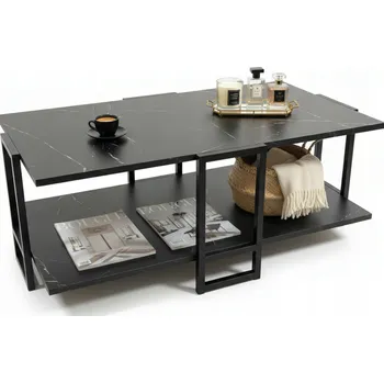 Konferenční stolek Konferenční stolek obdélníkový černý mramor dřevěný stůl s policí do obývacího pokoje