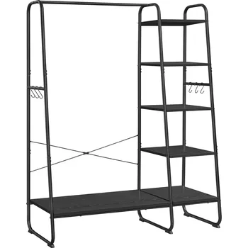 VASAGLE Kovový stojan na oděvy s policemi 5+1 černý