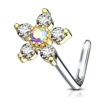 Piercing Šperky4U Zahnutý zlacený piercing do nosu, duhový kamínek - N0098-GD