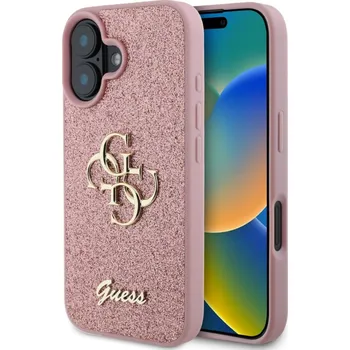 Guess PU Fixed Glitter 4G Metal Logo zadní kryt pro iPhone 16 Pink