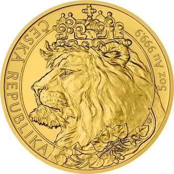 Zlatá pětiuncová investiční mince Český lev 2021 stand