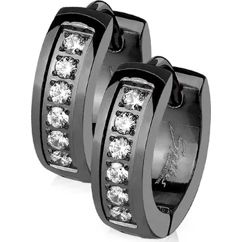 Náušnice Šperky4U Černé ocelové náušnice - kroužky se zirkony - OPN1154-K