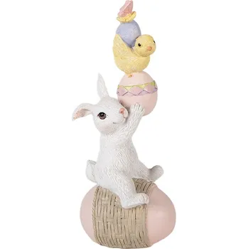 Dekorace bílý králík na vajíčku držící kuřátko - 8*6*19 cm