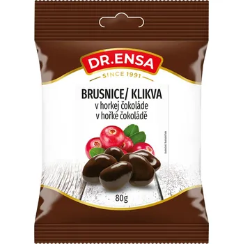 Sušená potravina Dr.Ensa Brusinky v hořké čokoládě 80g (Kartonové balení : 15 ks)