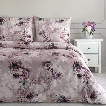 Povlečení Povlečení 220x200 cm saténové s květinovým motivem, pudrové a fialové