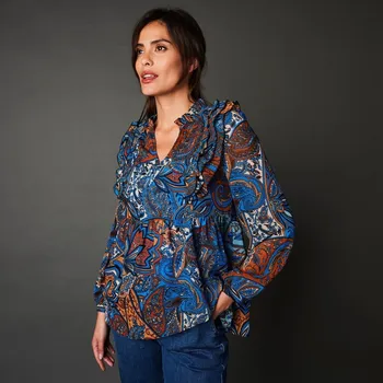 Tunika s potiskem a volány modrá/kaštanová 50