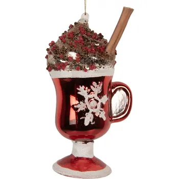Vánoční ozdoba Červená skleněná vánoční ozdoba hrnek horké čokolády – 6x12 cm