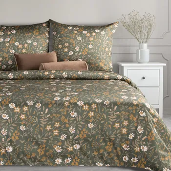 Povlečení Saténové povlečení 220x200 cm s květinovým motivem, olivové a hořčicové