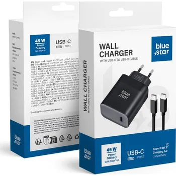 Nabíječka do sítě Univerzální Travel Charger Blue Star se zásuvkou USB C s kabelem Type C - 3A 45W s funkcí Pd a Qc 4.0