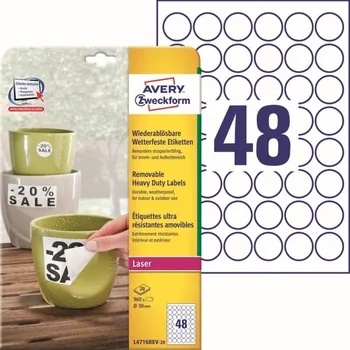 Papír Odolné snímatelné kulaté etikety průměr 30 mm, 20 listů A4 L4716REV-20