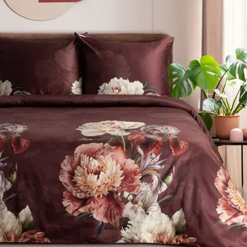 Povlečení Povlečení 220x200 cm saténové s květinovým motivem, bordó a béžové