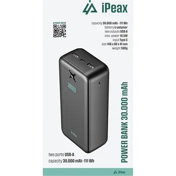Powerbanka iPEAX Power banka 30000 mAh, 10,5W, 2x USB-A černá