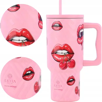 Termoska Růžový velký TERMOHRNEK SE SLÁMKOU z oceli 900ml termoska na kávu, čaj