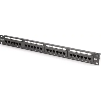 Počítač Patch panel 19" 24× RJ45 Cat 6, nezkrytovaný, 1U, LSA, vedení kabelů, popisová pole, černý