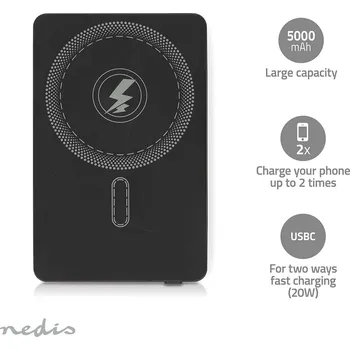 Powerbanka Nedis Powerbanka | 5000 mAh | Bezdrátové nabíjení | 1.67 / 2.22 / 3.0 A | Počet výstupů: 1 | Výstupní připojení: 1x USB-C™ | Vstupní připojení: 1x USB-C™ | PD3.0 20W | Li-Pol