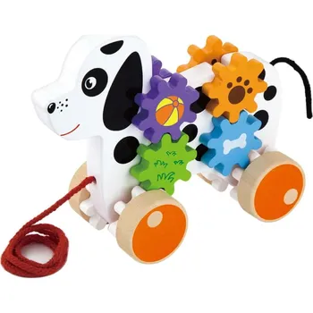 Dřevěná hračka Pejsek na provázku k tahání s ozubenými kolečky VIGA