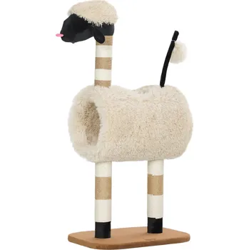 Pelíšek pro kočku Strom pro kočky PawHut v designu ovce, se škrabadlem, tunelem a hračkou, 98 cm, světle hnědý