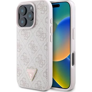 Guess PU 4G Strass Triangle Metal Logo zadní kryt pro iPhone 16 Pro Max Pink