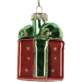 Vánoční ozdoba Červeno-zelená skleněná vánoční ozdoba zabalený dárek – 4x4x6 cm