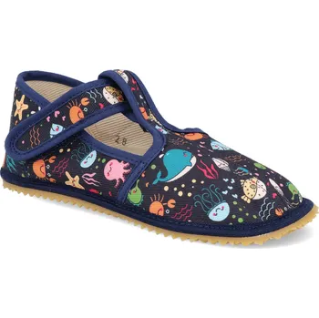 Dívčí bačkory Barefoot dětské přezůvky Beda - Úzký typ Sea world s pevným opatkem modré Velikost: 27