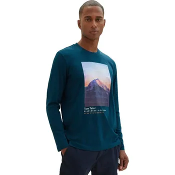 Pánská móda TOM TAILOR PÁNSKÉ TRIKO S DLOUHÝM RUKÁVEM S TISKEM - PETROLEJ XXL