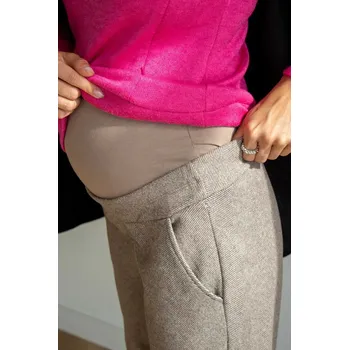 Těhotenské kalhoty z hřejivější látky – světle hnědé melange, vlna Velikost: 3XL
