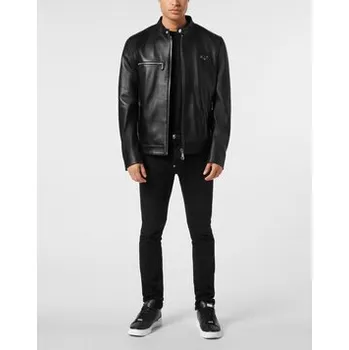 Moto bunda PHILIPP PLEIN Kožená bunda 27857 Černá Slim Fit 4XL