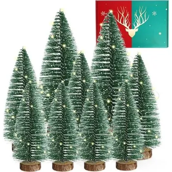 Vánoční dekorace 9 mini vánočních stromků se sněhovým efektem a 5 LED řetězovými světly, zelené mini umělé vánoční