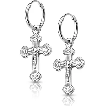 Náušnice Šperky4U Ocelové náušnice kroužky s křížky - OPN1817-ST