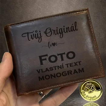 Peněženka Luxusní tmavě hnědá kožená peněženka s laserovým gravírováním | Monogram, text nebo foto Vyberte variantu: bez jakékoliv úpravy + Akce - zlatá mince Pro štěstí ZDARMA