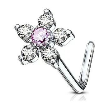Piercing Šperky4U Zahnutý piercing do nosu, růžový kamínek - N0098-CP