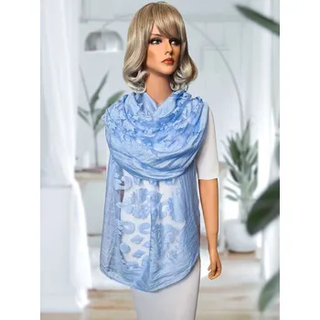 Šála Classic Scarf Dámská blankytně modrá šála s výšivkou, bordurou, krajkou a s hedvábím, tón v tónu