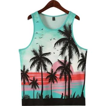 Pánské tílko Plážové pánské tílko Polyesterový materiál Výstřih do O Motiv palem a pláže Letní barevný design Lehký střih zelená L