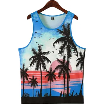 Pánské tílko Plážové pánské tílko Polyesterový materiál Výstřih do O Motiv palem a pláže Letní barevný design Lehký střih modrá XXL