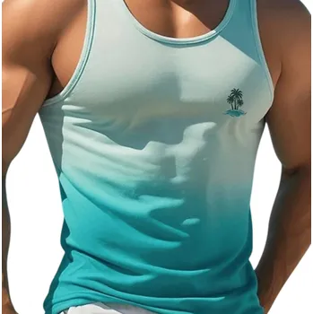 Pánské tílko Duhové pánské tílko Polyesterový materiál Výstřih do O Potisk palmy na prsu Letní design Lehký střih Na volný čas tyrkysová M