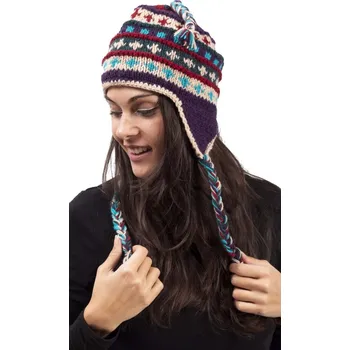 Čepice Vlněná čepice se střapci / fialovo-bílá