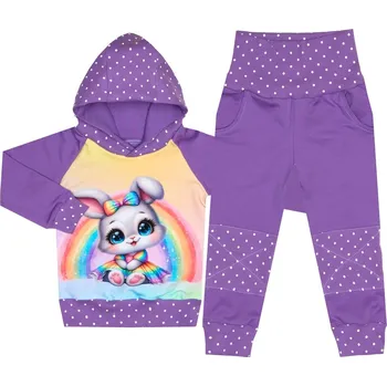 Tepláková souprava - Puntík fialová - králíček s duhou (kapuca) - skladem Velikost: 86