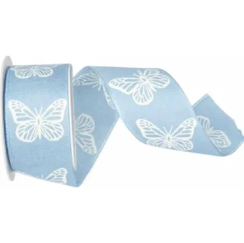 Stuha Stuha látková SWEET BUTTERFLY pastelově modrá 40 mm x 2 m (Modrá látková stuha s plastickým bílým potiskem motýl, s vetkaným tenkým vlascem v obou okrajích)