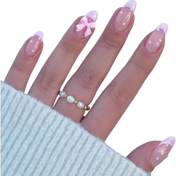 Umělé nehty Elegantní francouzské mandlové nehty 24 ks Nositelné umělé tipy s lepidlem a pilníkem Dlouhotrvající DIY manikúra