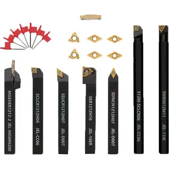 Příslušenstí k soustruhu Soustružnické nože 12 mm s výměnnými plátky - sada 7 dílů pro vnější soustružení, vyvrtávání, závitování a upichování (TrueTech)