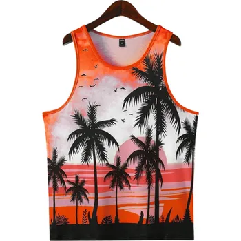 Pánské tílko Plážové pánské tílko Polyesterový materiál Výstřih do O Motiv palem a pláže Letní barevný design Lehký střih oranžová XL